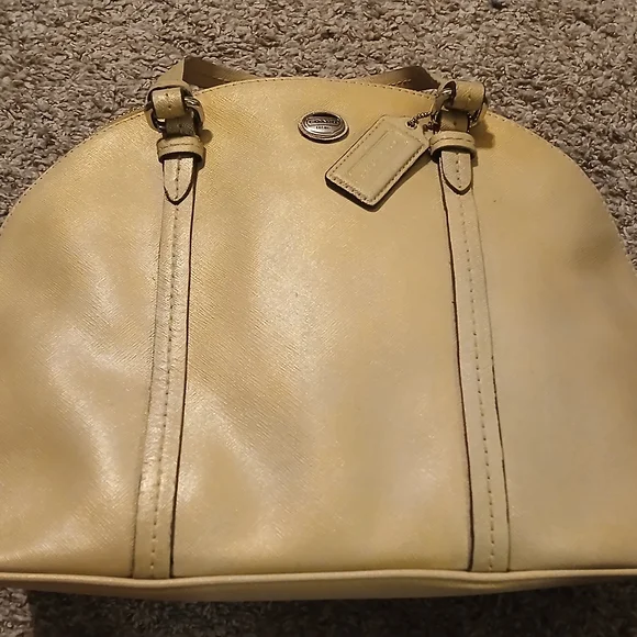 Coach Peyton Saffiano Leather Dome Satchel Cream Gold Champagne Metallic Bag - Picture 9 of 16